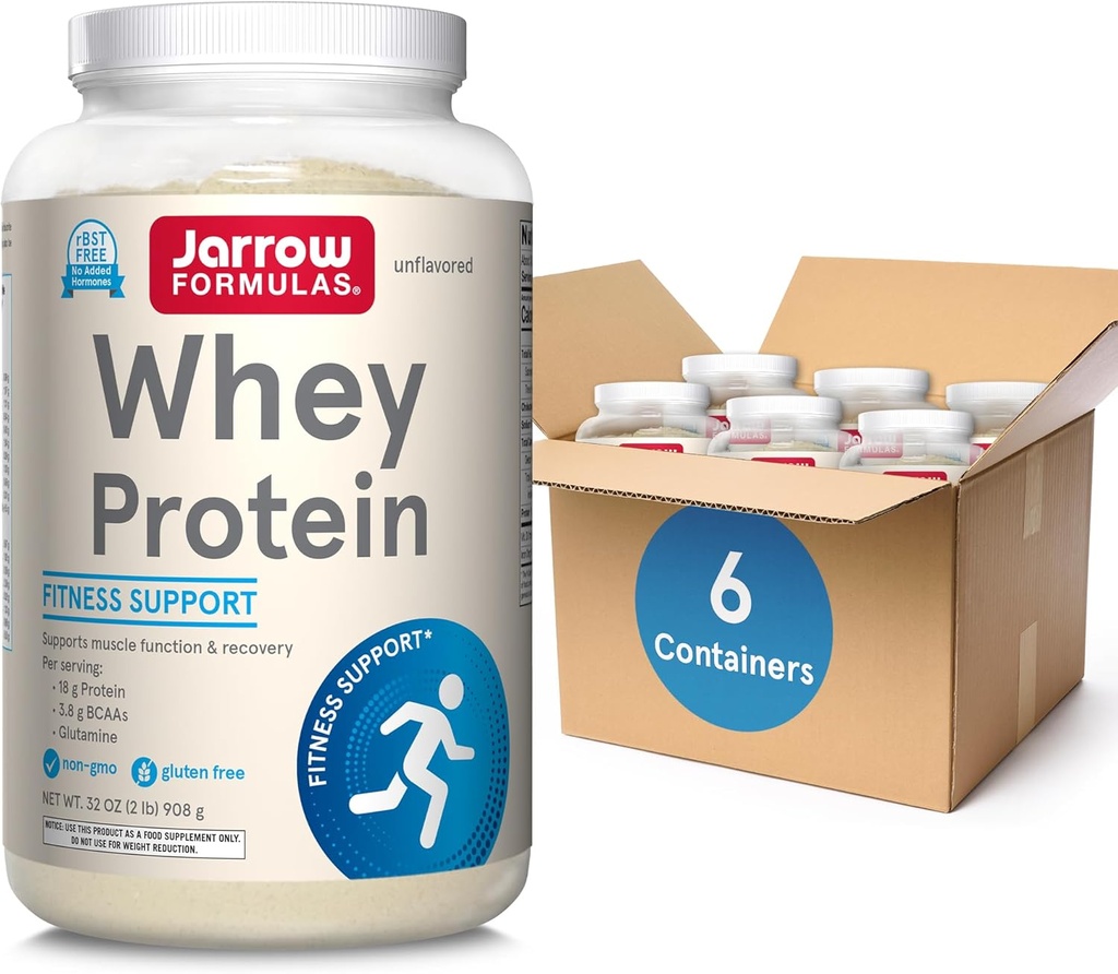 Jarrow Formulas Whey Protein with 18g proteinov, 3,8g BCAA in glutamin, prehranska dopolnila za mišično funkcijo in podporo za okrevanje, 32 oz Unflavored Powder, približno 38 dnevna dobava, 6 pakiranj
