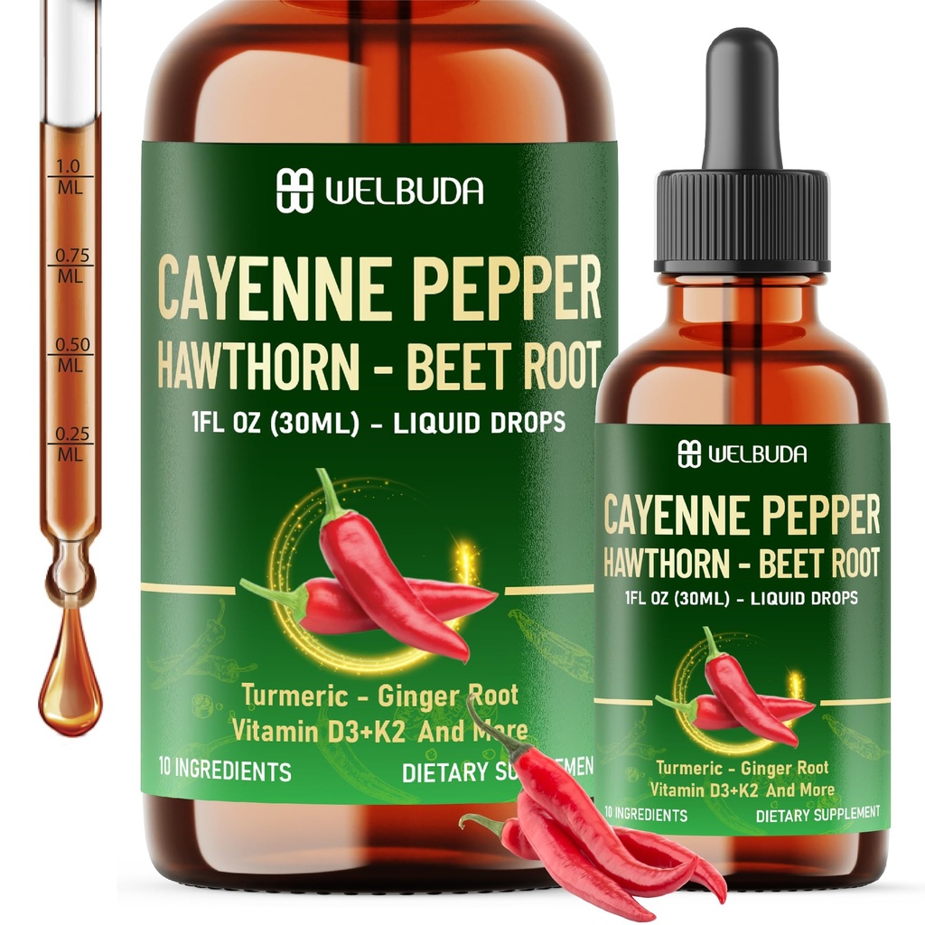 Cayenne Pepper Liquid Drops with Hawthorn Berry, Beet Root, Turmeric, Ginger, Ceylon Cinnamon, Berberine - Nutrient Absorption - 30ml