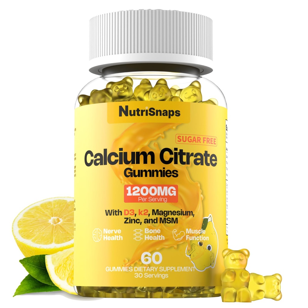 Brez sladkorja kalcijev citrat Gumies 1200mg z vitaminom D3 K2, magnezij, cink, MSM za moške in ženske, kosti, mišice, imunske podpore, Ultimate Absorpcija Kalcij dodatek, Vegan, 60 Število