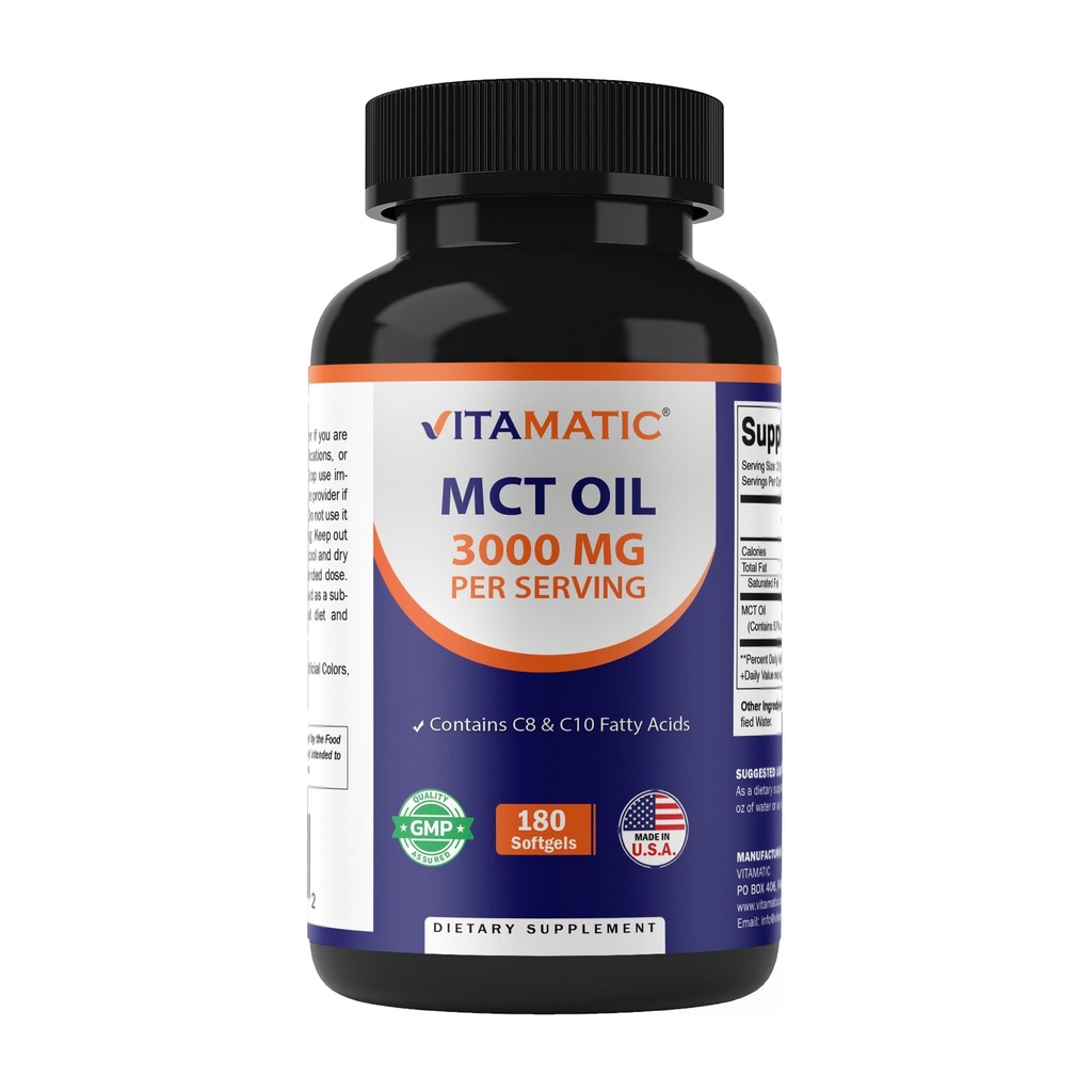 Vitamatska MCT Olje 3000 mg na serviranje - 180 softgels - iz kokosovega olja - vsebuje 55% kaprilne kisline C8 in 40% kaprinske kisline C10