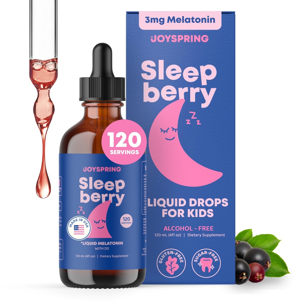JoySpringBerry - otroci Melatonin Liquid - 3MG Melatonin z D3 in Elderberry - Sugar-free Liquid za otroke in najstnike – Nežna naravna podpora za spanje Formula (4 fl oz)