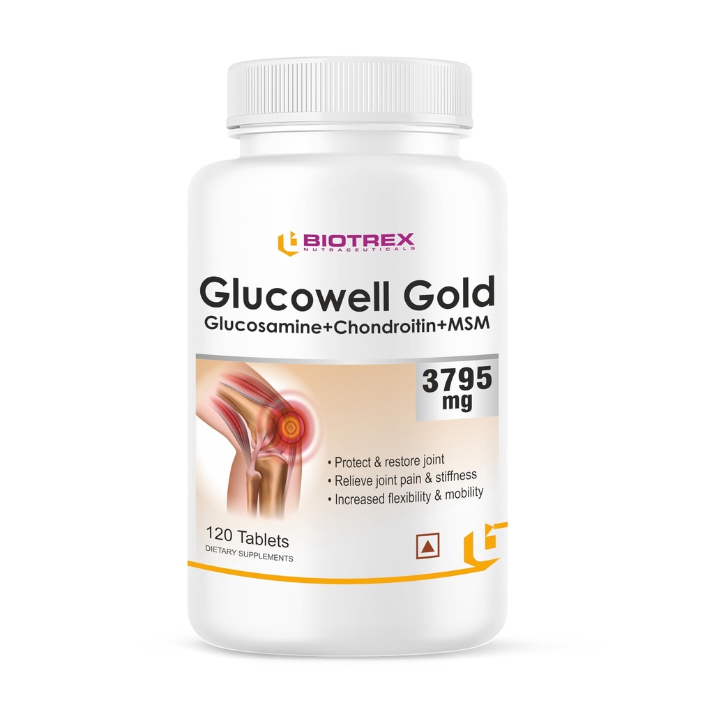 BIOTREX NUTRACEUTICALS Glucosamine+ Chondroitin + MSM 3795mg Glucowell Gold - 120 Tablets