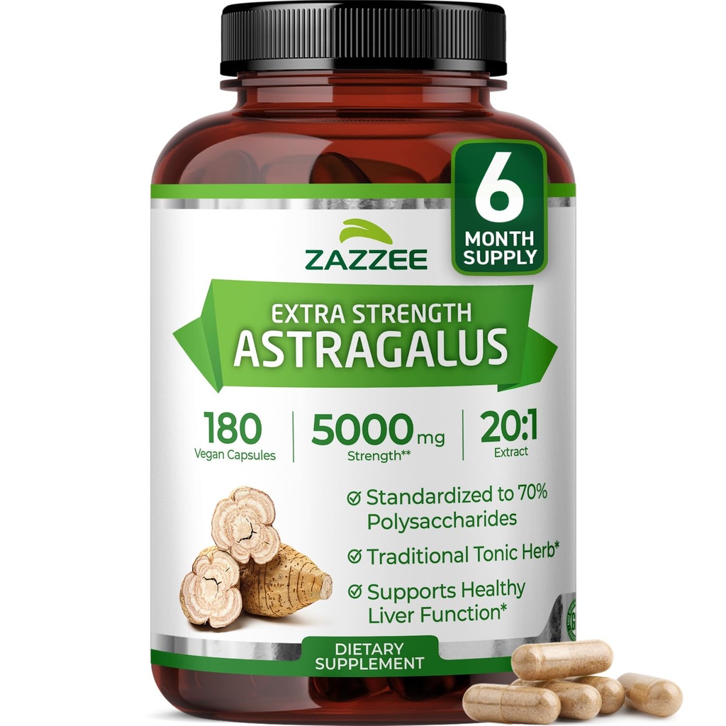 Zazzee Extra Strength Astragalus Root 20:1 Extract, 5000 mg Jakost, 70% polisaharidi, 180 Veganske kapsule, 6 Mesec dobave, 100% vegetarijanski, standardizirani in koncentrirani 20X ekstrakt, ne-GMO