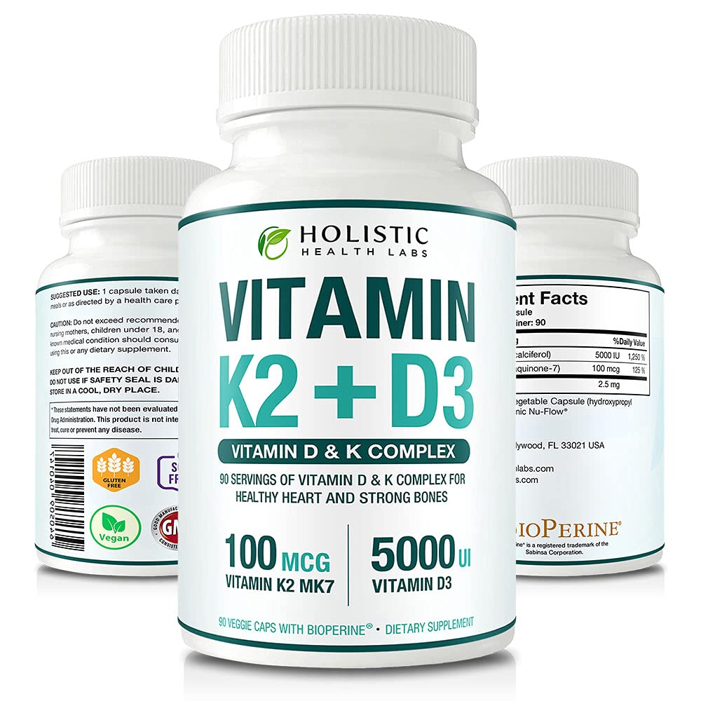 Max Absorpcija Vitamin K2 + D3 (5000 i.e.) 90 Veggie kapsule iz MK-7 (Menakinon-7) in Cholekalciferol (z BioPerine) 3-meseci – D3 s K2 za zdravo srce in močne kosti 