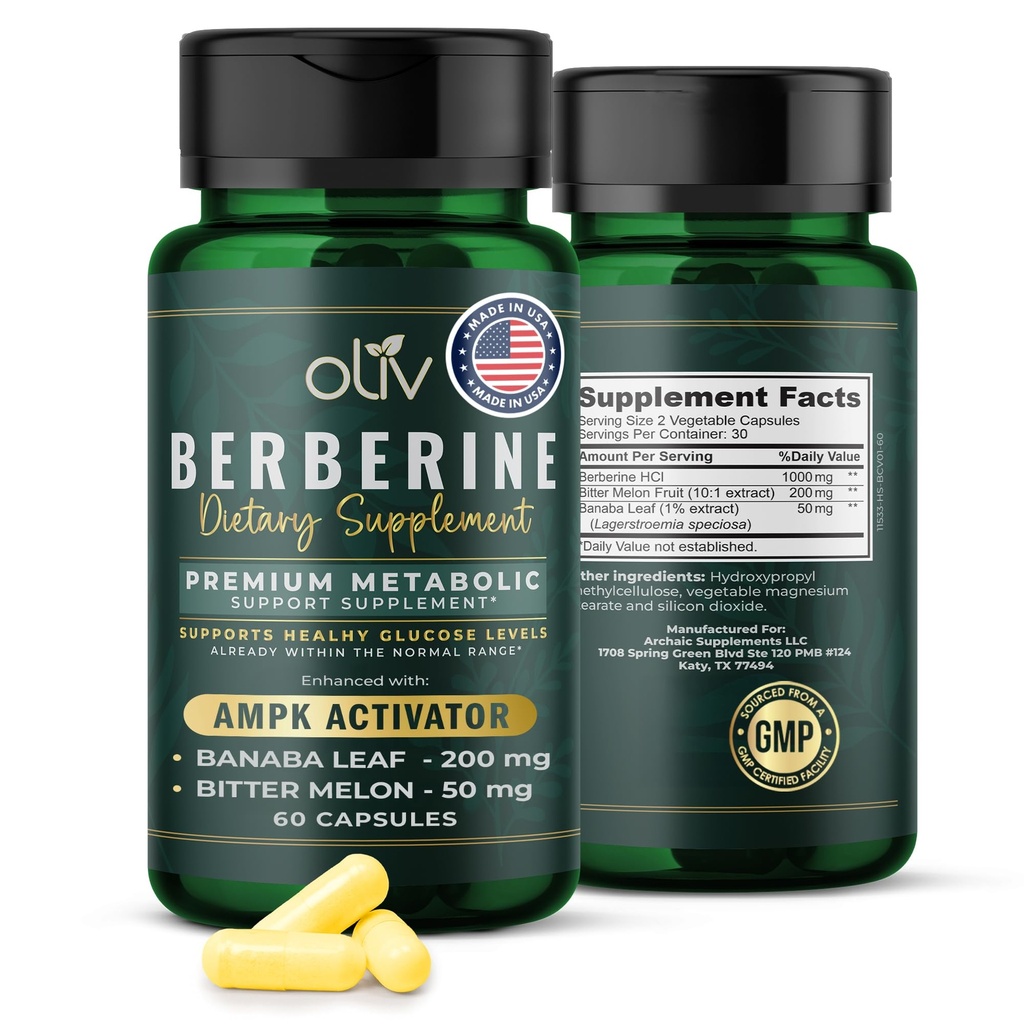oliv Pure Berberine Dopolnilne kapsule – Berberine HCI 1000mg - Naravna metabolična podpora z 200mg ekstraktom sadja grenke meline in 50mg listi Banaba – 2 Veggie kapsule dnevno (30 strežnikov)