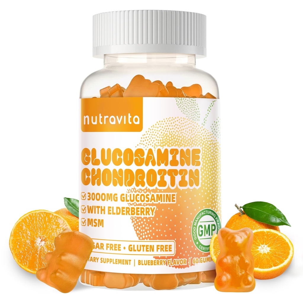 Nutravita Glukozamin Chondroitin Gumies z MSM & Elderberry Dodatna moč - skupna podpora, Antioksidant Imunska podpora dodatek za odrasle, moške in ženske.60 Orange Chews