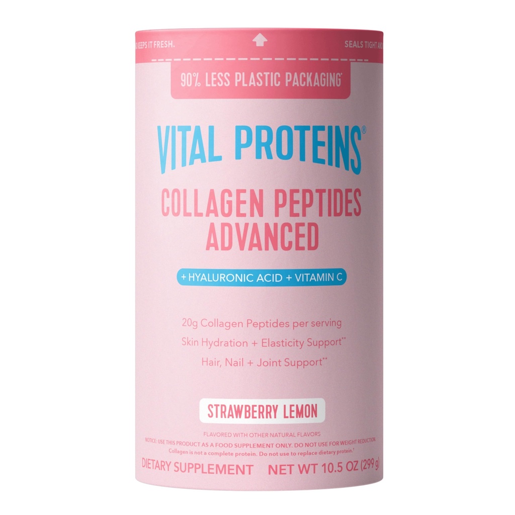 Vitalni proteini Kolagen Peptidi Napredno, hidrolizirani peptidi s hialuronsko kislino in vitaminom C - Jagodna limonina aroma v prahu, 10.5oz