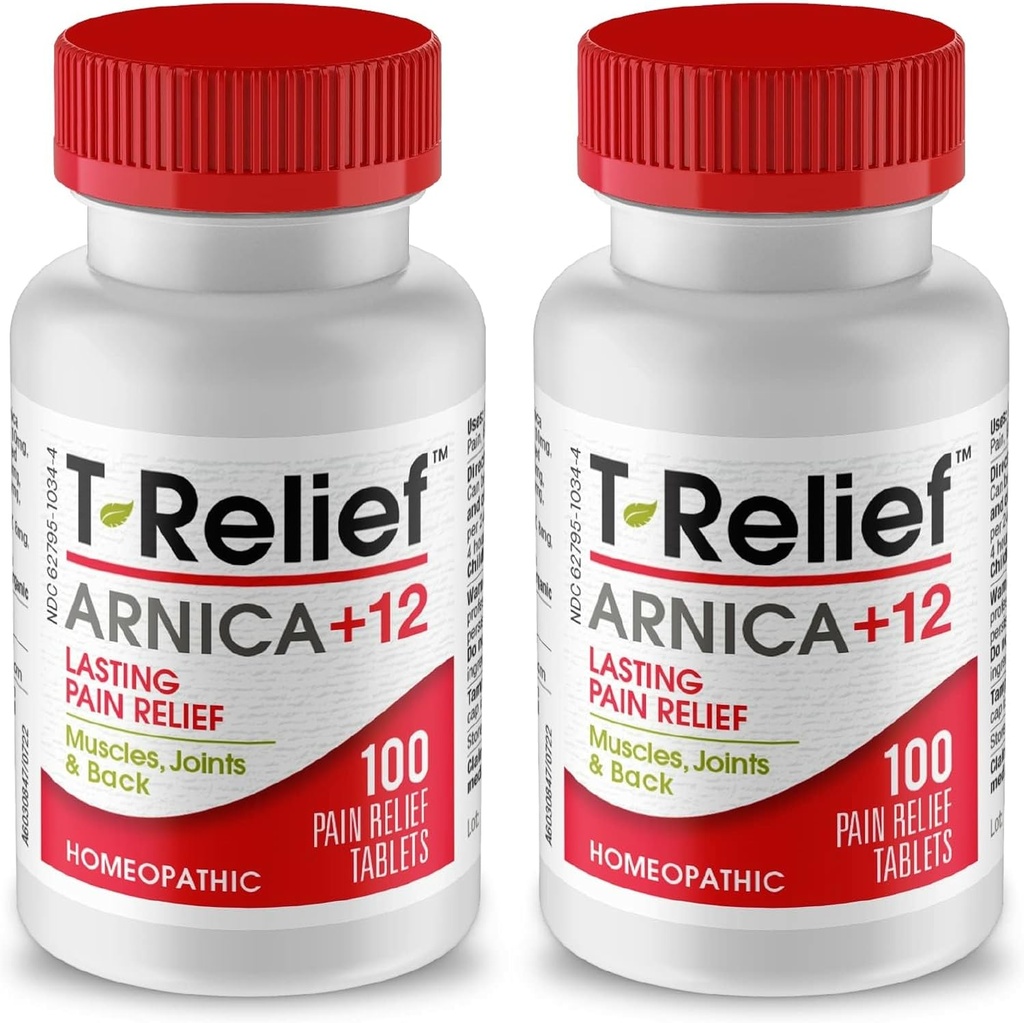 T-Relief Arnica +12 Naravno lajšanje aktivnosti za bolečine v hrbtu bolečine v mišicah bolečine v mišicah in čvrstost, celotno telo hitro deluje olajšava za ženske in moške - 100 tablet (2 paket)