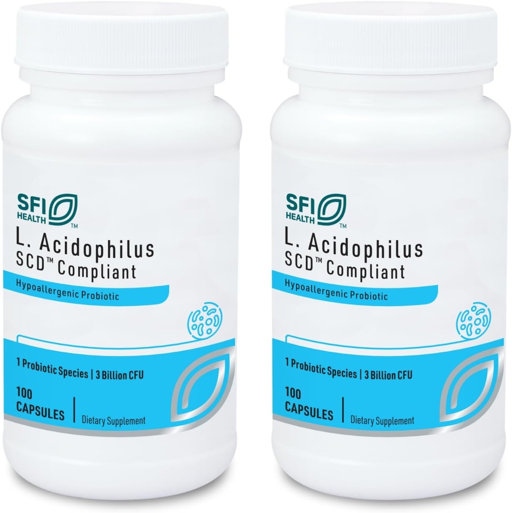 Klaire Labs SFI Health L. Acidophilus - 3 milijarda CFU Lactobacillus Probiotic, Pure SCD Compliant Formula za moške in ženske, Hypoallergenic in Ne-Mlečni (100 kapsul, 2 pakiranji)