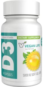 Vegan Life Nutrition - vitamin D3 dnevne kapsule za odrasle (5.000 i.e.) - brez glutena, brez glutena, brez glutena, podpira zdravje kosti in imunski sistem - 60 kapsul
