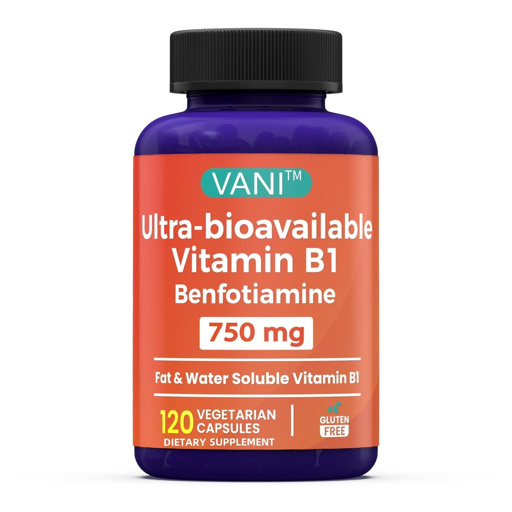 VANI 750MG Benfotiamin z B1, 5X čas maščobe in vode topljiv tiamin B1 dodatek – tretja stranka testiran, brez gluten (120 kapsul)