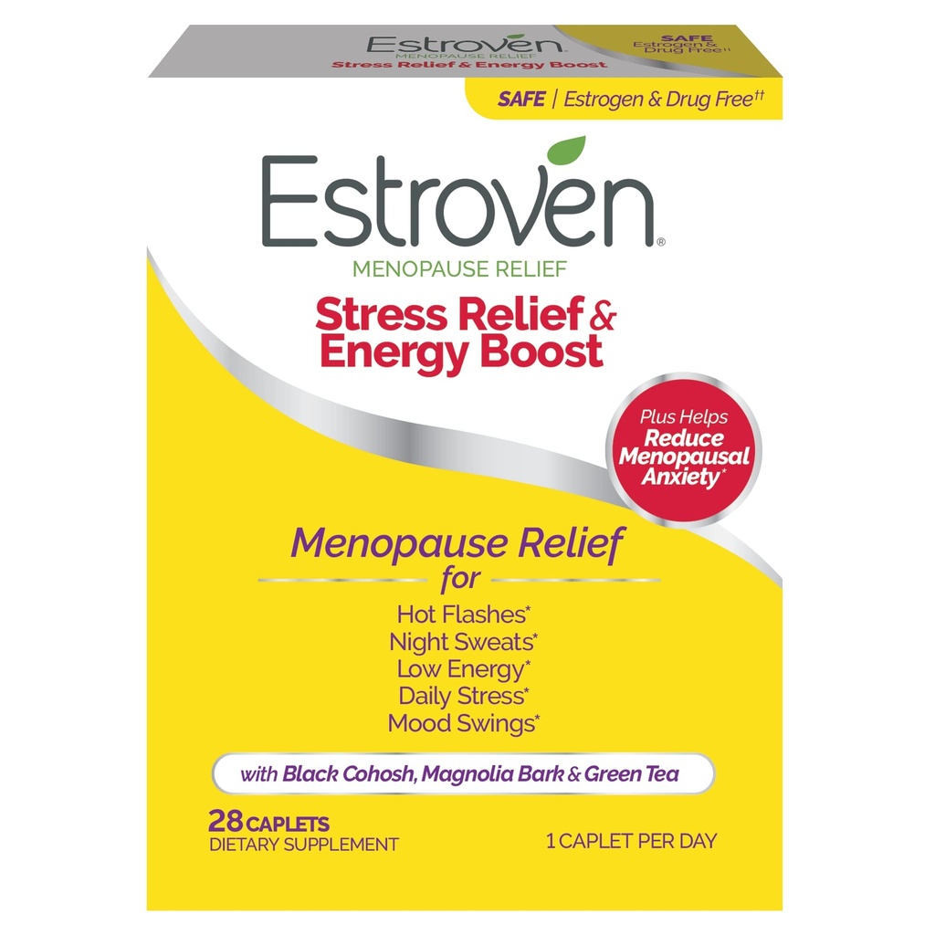 Estroven Stress Relief & Energy Boost for Menopause Relief - 28 Ct. - Klinično dokazano sestavine Zagotavljajo stres in energetsko podporo + noč Sweats & Hot Flash Relief - Brez zdravil in gluten-free