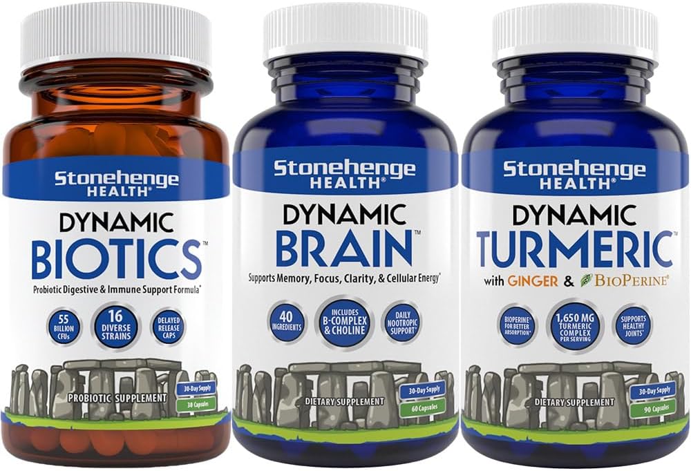 Stonehenge Health Dynamic Biotics Probiotic, Dynamic Brain, Dinamic Turmeric: Energija, sklepi, Digestion, Kognitivna podpora, Spomin, Fokus, in jasnost