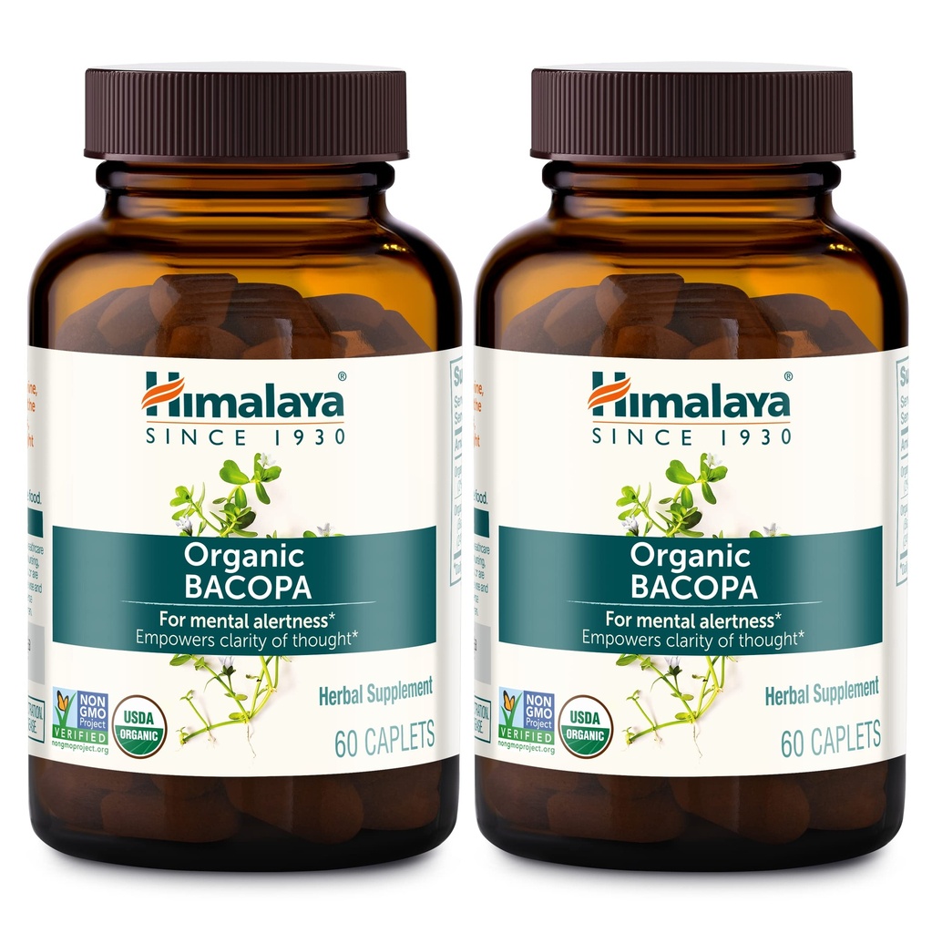 Himalaja Bacopa Monnieri Nootropic Herbal Supplement, Duševna budnost, Podpira miren, Spomin, Kognition, USDA Organic, Non-GMO, 750 mg, 60 Rastlinsko-bazni Caplets, 2 Pack, 120 dnevna dobava