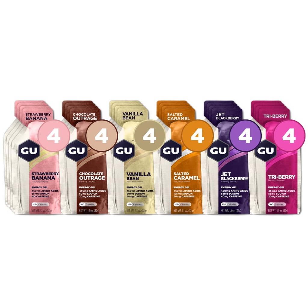GU Energy Gel 24-Count Assorted Flavors and GU Energy Chews 12-Bag 24-Serving Variety Pack Bundle
