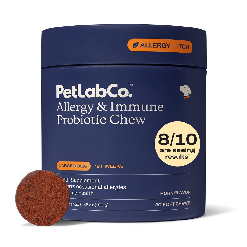 PetLab Co. Alergy & Immune Daily Probiotics za pse. Podpira proizvodnjo kvasa, Sezonske alergije, Intermitentna srbenje, Gut & Digestive Health za velike pse - 30 Chews - pakiranje maj Vary