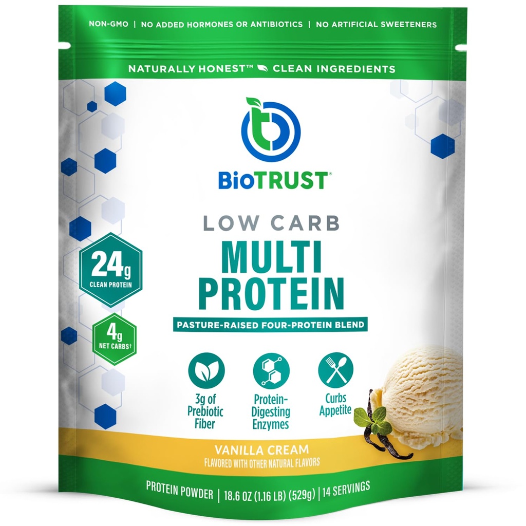 BioTrust Low Carb Protein Powder – Naravna in okusna mešanica sirotke in kazeina iz krav brez travnega hormona – brez GSO, brez glutena, brez hormona (Vanilla)
