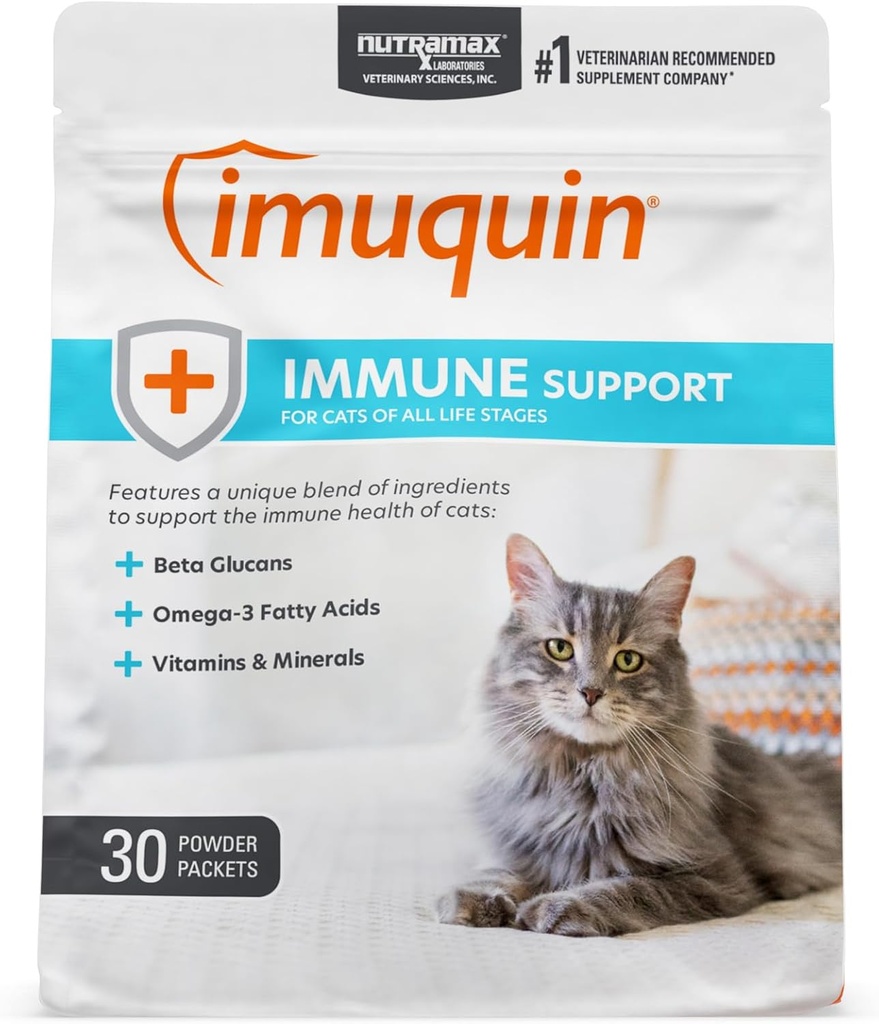 Nutramax Imuquin Imune Health Supplement prašek za mačke, z beta glukani, morske lipide, vitamini in minerali, 30 Paketi, posodobljena različica