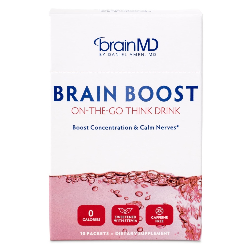 BRAINMD Dr. Amen Brain Boost na Go - 10 Packets, Berry Flavor - Nootropic Drink Powder, spodbuja fokus, Clarity & Duševna energija - Kofein brezplačno, Gluten brezplačno - 10 Služabniki