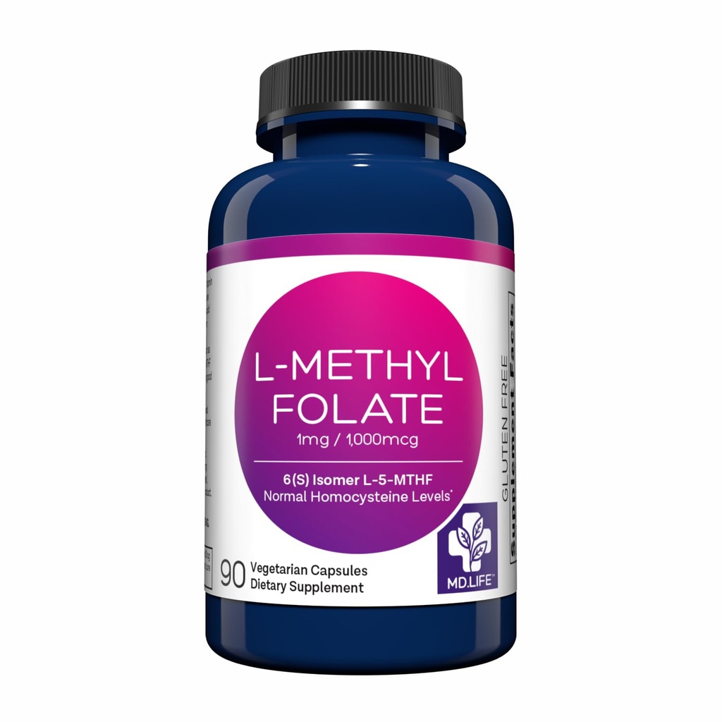 MD Life L-metilfolat 1 mg dodatek - Professional-stopnja Active L metilfolat dodatek - 90 kapsul - L-metilfolat 1mg - Največja jakost MTHFR W/ Esencialne aminokisline