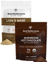 Prave gobe Vroča čokolada Mix (15 strežbi) in levja griva (60 strežnikov) Powder paket - goba v prahu dodatek za dnevno imuniteto in Kognition podporo - Gluten-free, Non-GMO, Vegan