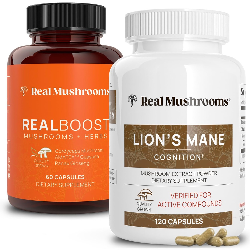 Real Gobe RealBoost (60ct) in Lions Mane (120ct) Kapsule Bunde - Gobe dopolnilo za energijo, Vitalnost & Kognition - Energy & Brain Vitamins w/Cordyceps, Ginseng, Guayusa - Vegan, Non-GMO