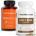 Real Gobe RealBoost (60ct) in Lions Mane (120ct) Kapsule Bunde - Gobe dopolnilo za energijo, Vitalnost & Kognition - Energy & Brain Vitamins w/Cordyceps, Ginseng, Guayusa - Vegan, Non-GMO