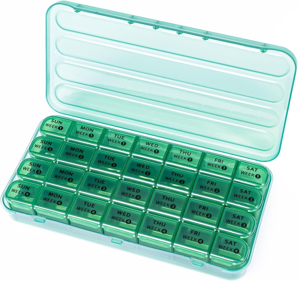 28 Day Mesečni tablete Organizator - 4 Tedenske tablete Box 1 Čas na dan, 7 Day Medicine Organizator Box, Potovalne tablete Vsebnik za vitamine, ribje olje (Olive Green)