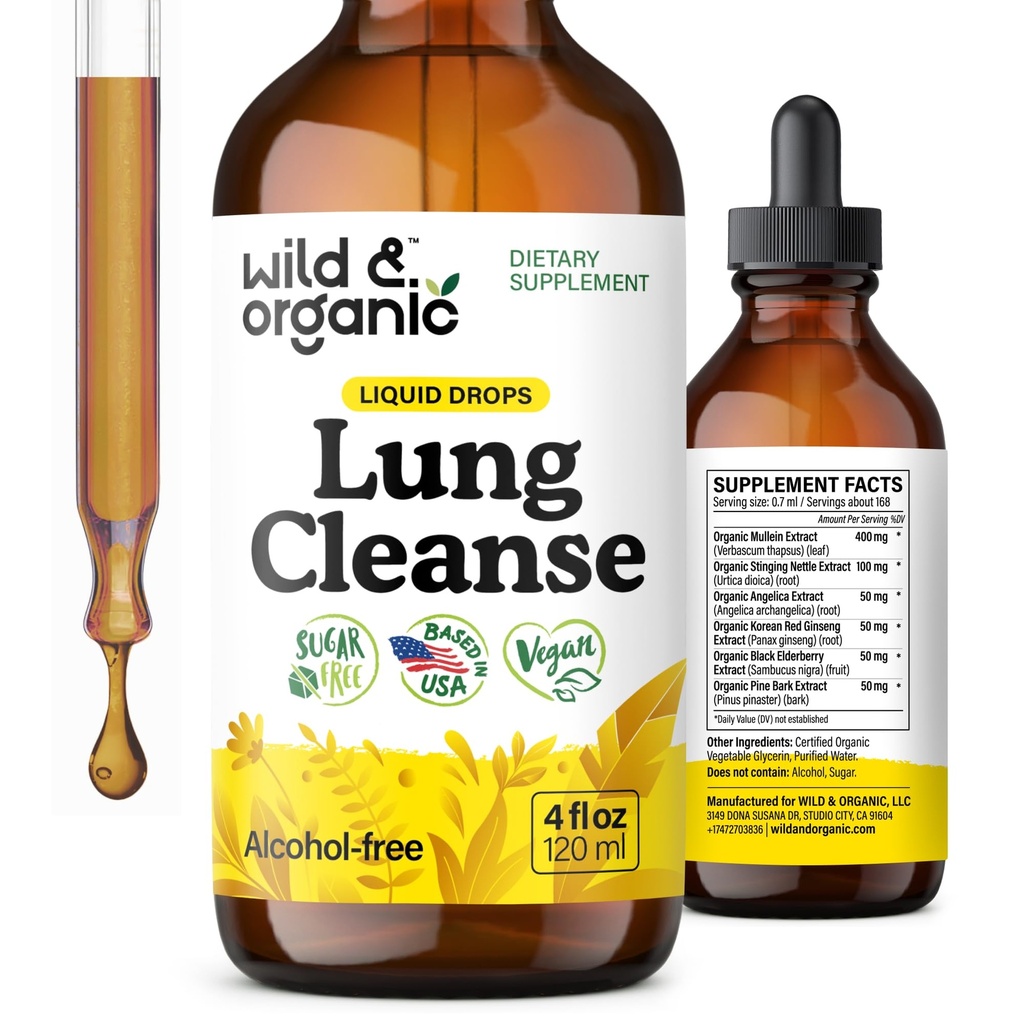 Wild & Organic Lung Cleanse Detox Tinkture - Mullein kapljice za pljuča - Herbal Mullein Extract dodatek - Vegan, Alkohol brez kapljic - 4 fl oz