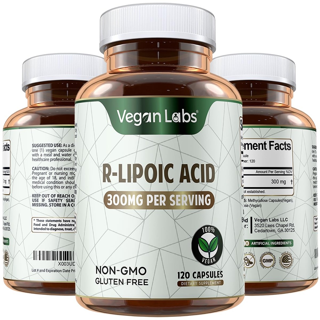 Veganski laboratoriji R-Lipojska kislina 300MG, 120 Veganske kapsule- Podpira celično energijo in antioksidant zaščito- Gluten brez, ne-GMO, Stabilizirano R-ALA dodatek- 4 Mesec oskrbe
