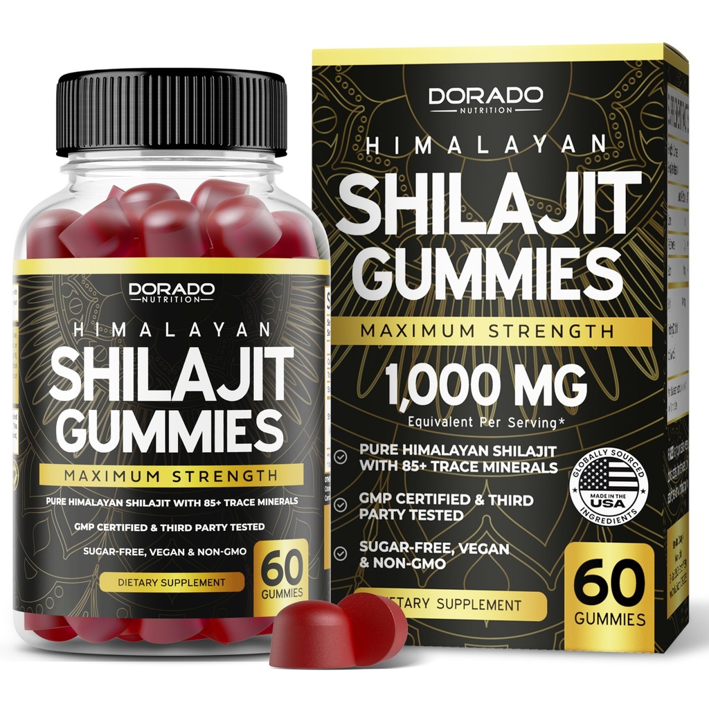 Shilajit Gummies za moške in ženske 1000mg (Visoka jakost zlata stopnje z 85+ Trace Minerali s Fulvic Acid) - Energy & Immunitete Podpora - Tretja stranka Tested, Non GSO, Vegan & Made v ZDA - (60 Gummies)