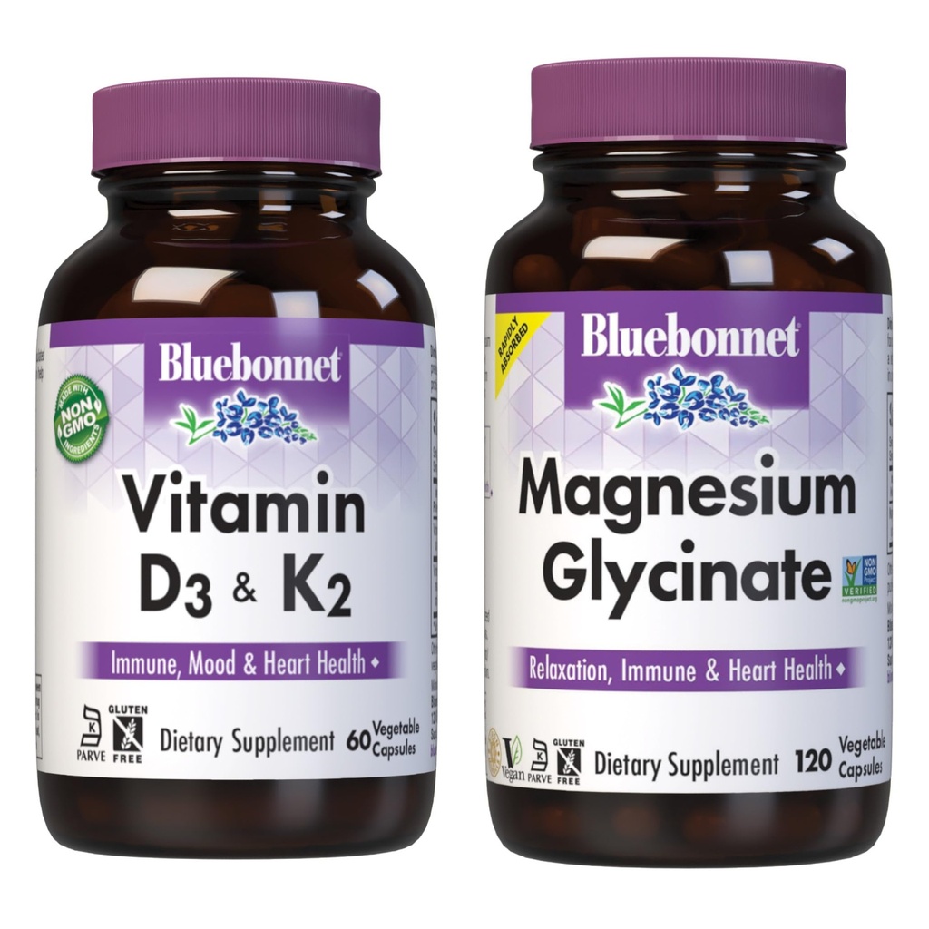 BlueBonnet Nutrition Vitamin D3 in K2 ter magnezijev glicinat Zelenjavne kapsule