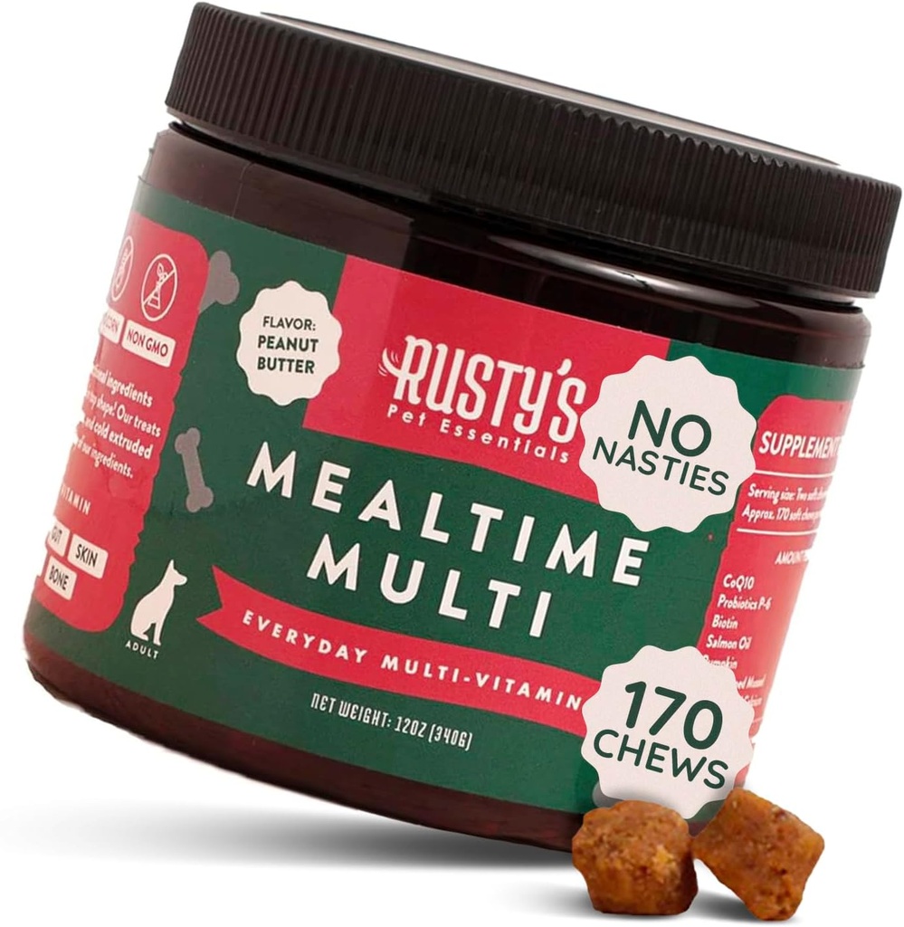 Premium Dog Multivitaminski dodatek (170 žveči) - Mealtime Multi - s CoQ10 - Probiotiki - Bučna - Imunska podpora - Spodbuja boljšo skupno mobilnost - Zdrava koža & Coat - Izdelano v ZDA