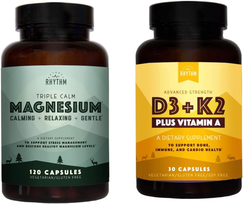 Naravni Rhythm Triple Calm Magnezij 150 mg - 120 kapsul – Magnezijev kompleks Sestavni dodatek W/Naravni Rhythm Vitamin D3 + K2 (MK7) Plus Vitamin A, za kosti, srce, in imuno zdravje, 30 kapsul