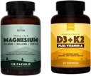 Naravni Rhythm Triple Calm Magnezij 150 mg - 120 kapsul – Magnezijev kompleks Sestavni dodatek W/Naravni Rhythm Vitamin D3 + K2 (MK7) Plus Vitamin A, za kosti, srce, in imuno zdravje, 30 kapsul