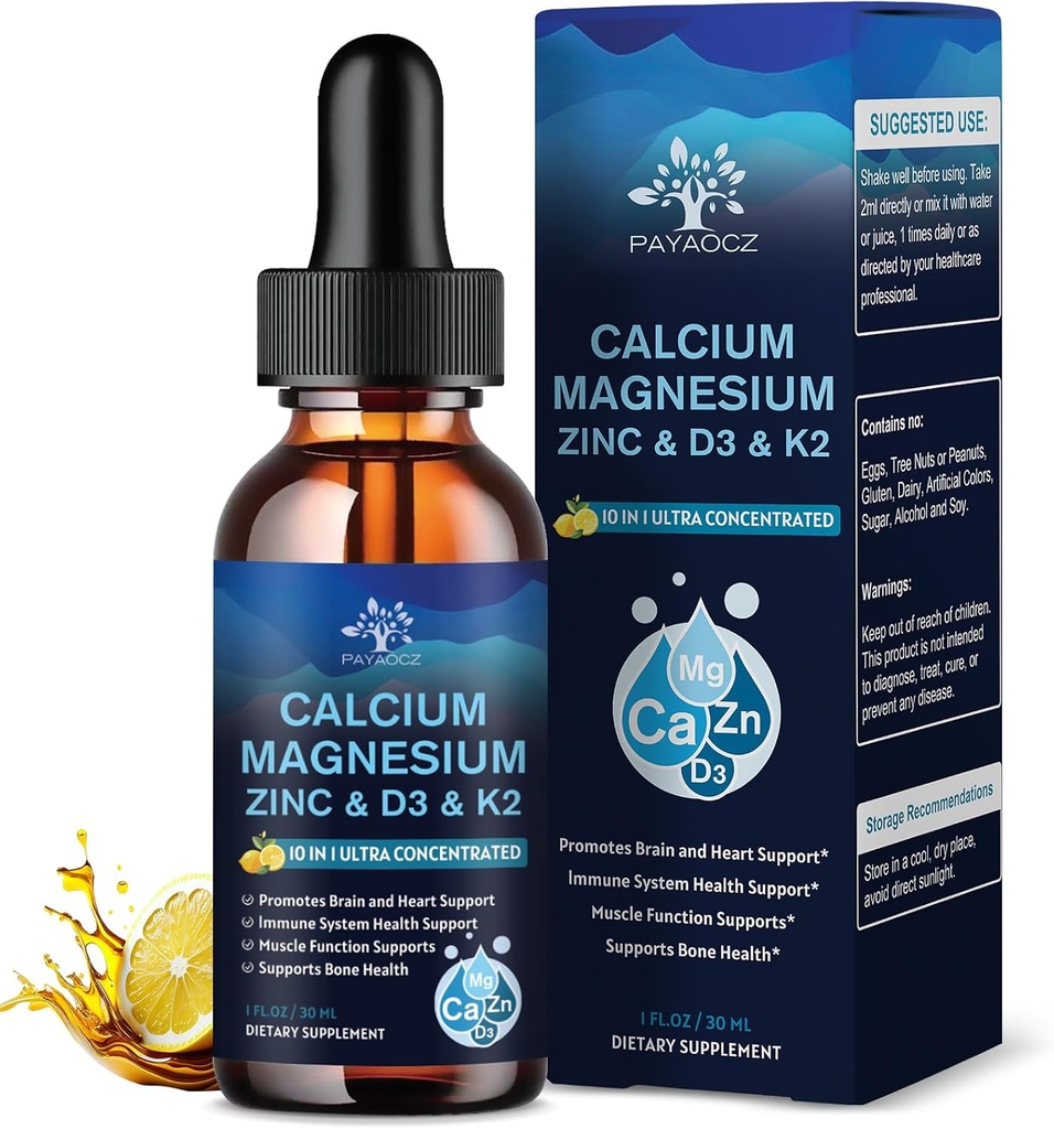 (4 pakiranja) 10 v 1 Kalcij Magnezij Cinkov dodatek, Magnezij Glycinate kompleksne tekoče kapljice z vitaminom D3 K2 B6, Vegan kalcijev citrat kost in imuno zdravje podpora, spanje & Cramps, Boron, 1 Fl Oz