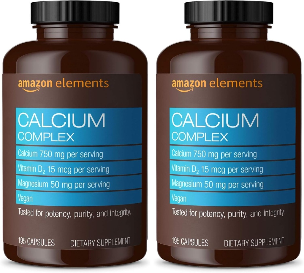 Elementi Kalcijev kompleks z vitaminom D, 250 mg Kalcij (3 na serviranje), Vegan, 195 Kapsule (Packaging May Vary), podpira močne kosti in imunskega zdravja (Pack z 2)