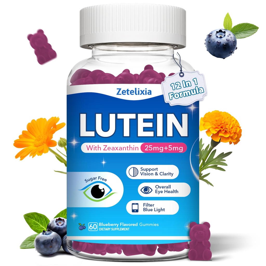 Lutein Gummies, 12 v 1 Lutein in Zeaksantin dopolnila Eye Vitamini Gummies za odrasle, Eye Health dodatek z več vitamini za spodbujanje oči in vida - 60 Gummies