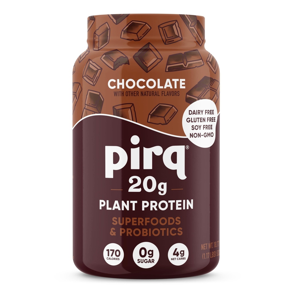 Pirq Dairy Free Protein Powder with 20g Protein, Plant Based, 2B CFU Probiotics, 25 Superfoods Greens and Fruits, Vegan, 0g Sugar (14 Servings) (Chocolate)