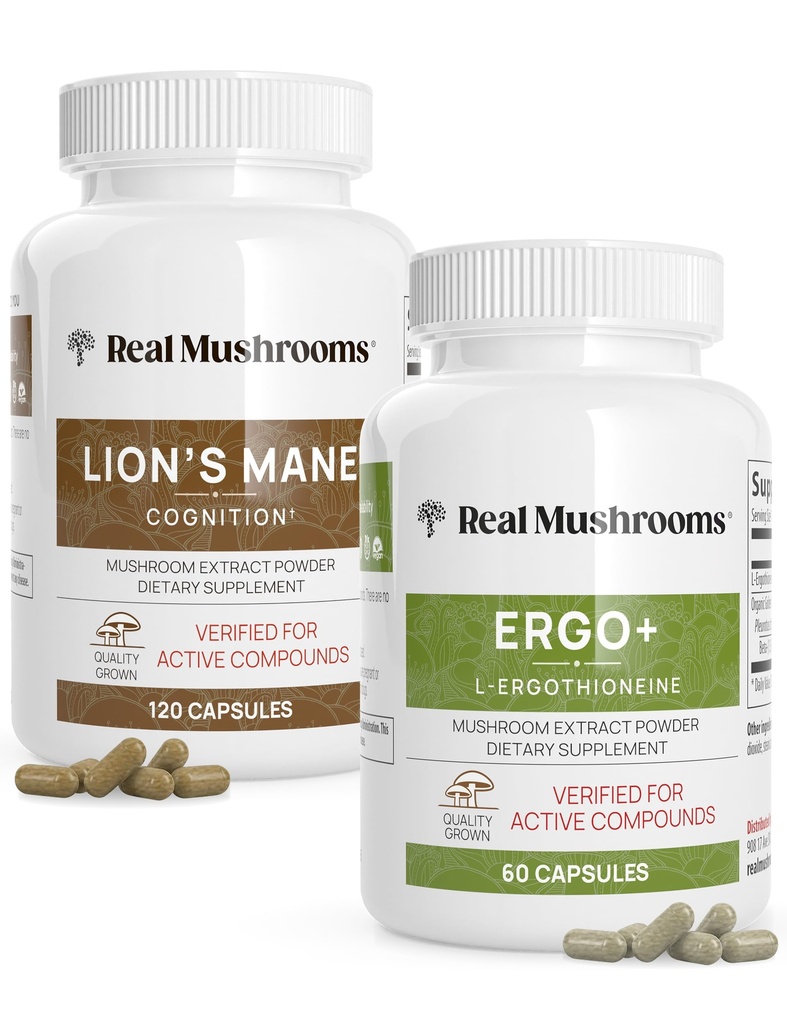Ergotionein (60ct) in Lions Mane (120ct) Bundle z izvlečki gob šitake in oreščkov - Dolgoživost in kognicija - Vegan, Gluten prost, ne-GMO
