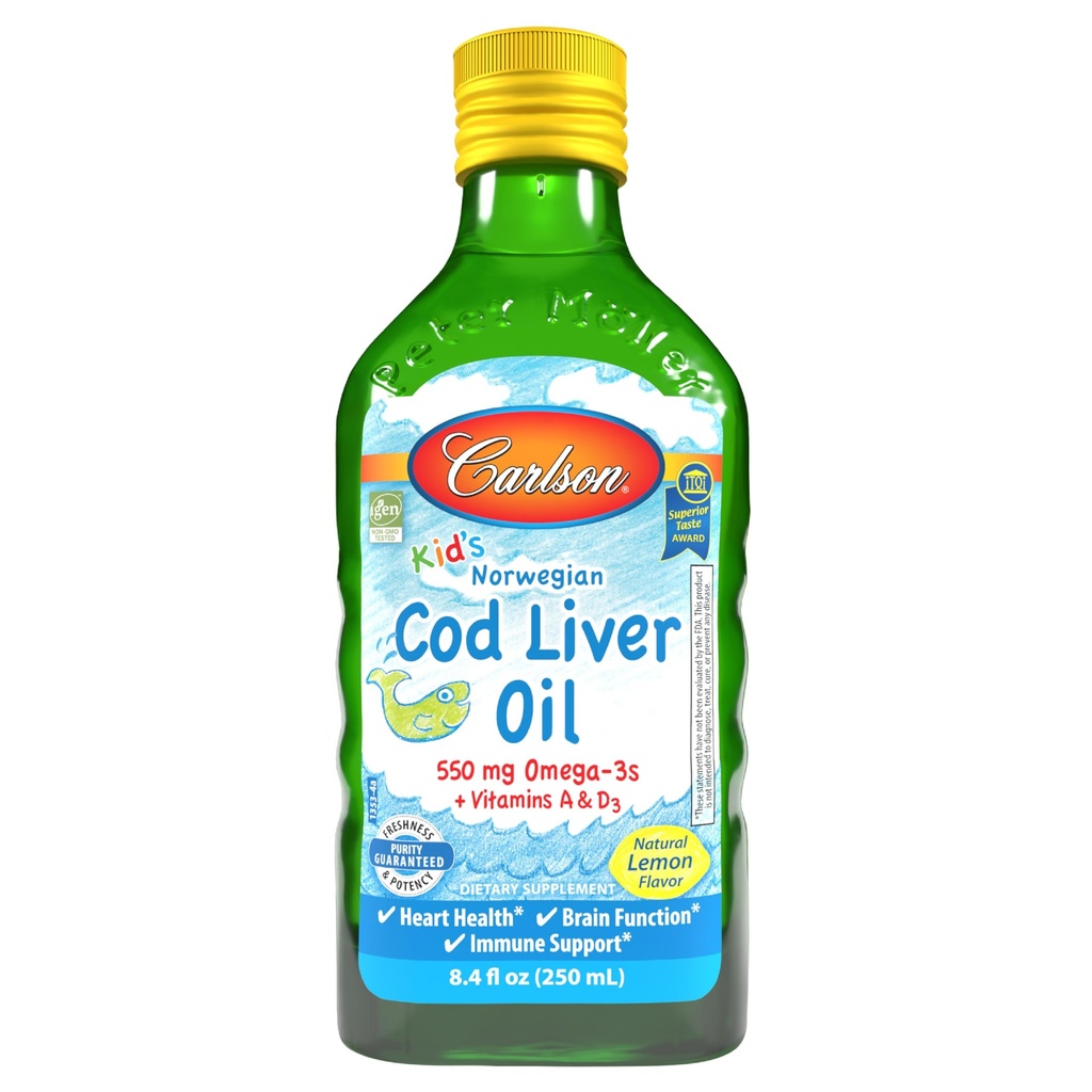 Carlson - otroško olje jeter trske, 550 mg Omega-3, vitamini A & D3, divji Norvežan, Lemon, 250 ml