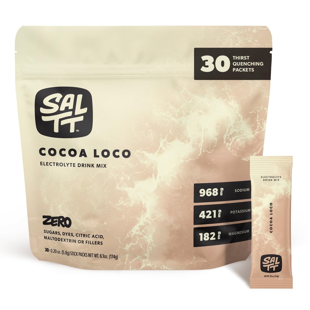 SALTT Elektroliti v prahu Aromatizirana pijača Mix - Cocoa Loco - 30 Hydration Packets - Magnezij, Kalij, Natrij, Trace Minerals - Zero Sugar & Gluten Free - Potovalne bistvene