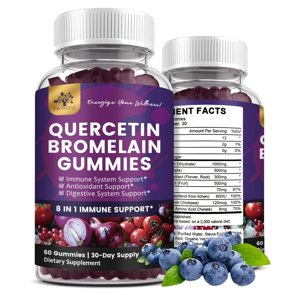 (2 Pack) Quercetin Gumies z bromelain cink Bezgove jagode Vitamin C D3 K2, Quercetin 1000mg dodatek z bromelain 500mg za kardiovaskularni, imunski sistem in alergija, Vegan Gummy za odrasle in otroka