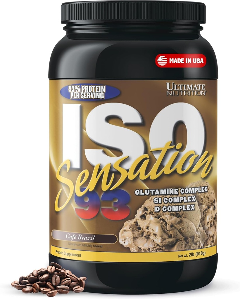 Ultimate Nutrition Whey Protein Isolate Powder with Glutamine Complex, ISO Sensation 93 - Whey Protein Powder z dodanim kolostrumom za izboljšano regeneracijo, Immunity & Gut Health - Cafe Brazil, 2Lbs