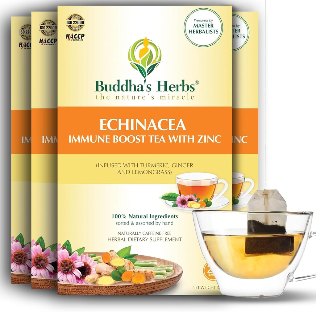 Premium Echinacea čaj z cinkom (Pack of 4, 88 Tea Bags) - Brez kofeina Zdravi čaj za zdravje imunskega - Organic Herbal Tea Bags w/Naravne sestavine - Idealni čaj darila za ljubitelje čaja