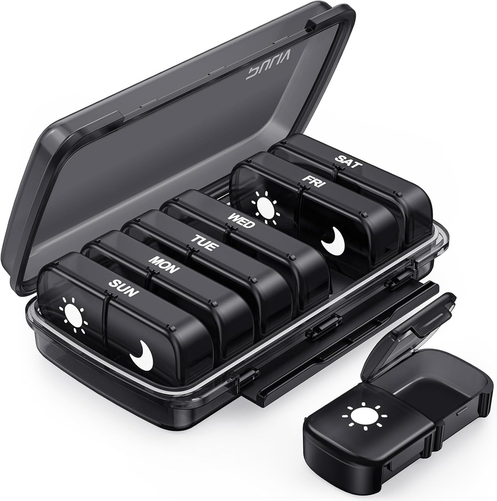 PULIV Tedenska tableta Organizator 7 dan 2 krat na dan, Črna Damp-Proof AM tablete Box 7 dan, Pill Primer z prenosljivo oblikovanje, Velika Medicina Organizator za vitamine, Zdravila, Ribja olja, Dopolnila
