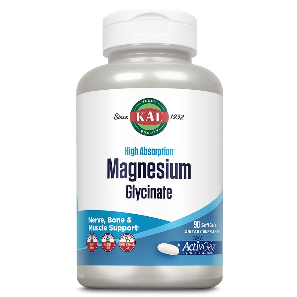 KAL Magnezij Glycinate ActivGels 315mg, visoka absorpcija Magnezij dopolnilo za mišice, Živec in zdravje kosti, Ne-GMO, Gluten brezplačno, 30 Serving, 90 Softgels