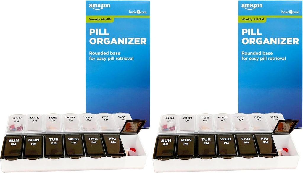 Osnovna nega (7-dan) AM/PM tablete organizator, vitaminski primer, in medicinske škatle, veliki oddelki, 2 krat na dan, črna in čista Lids (Pack z 2)