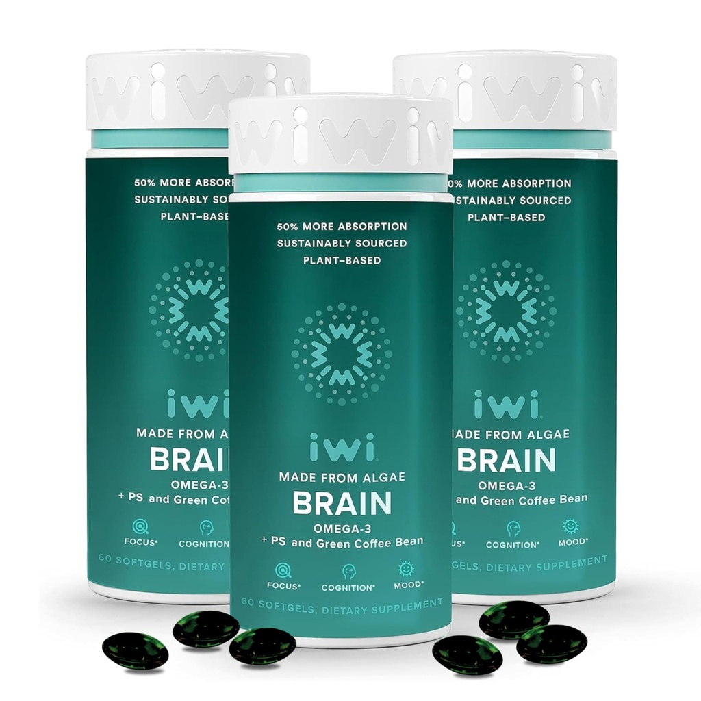 iwi life Brain Omega-3, 180 Softgels (90 Servings), Vegan rastlinsko-bazen Algae Omega-3 z EPA + DHA, Focus, Memory and Mood Support Dietary Supplement, Krill & Fish Oil Alternative, Brez ribjega pookusa