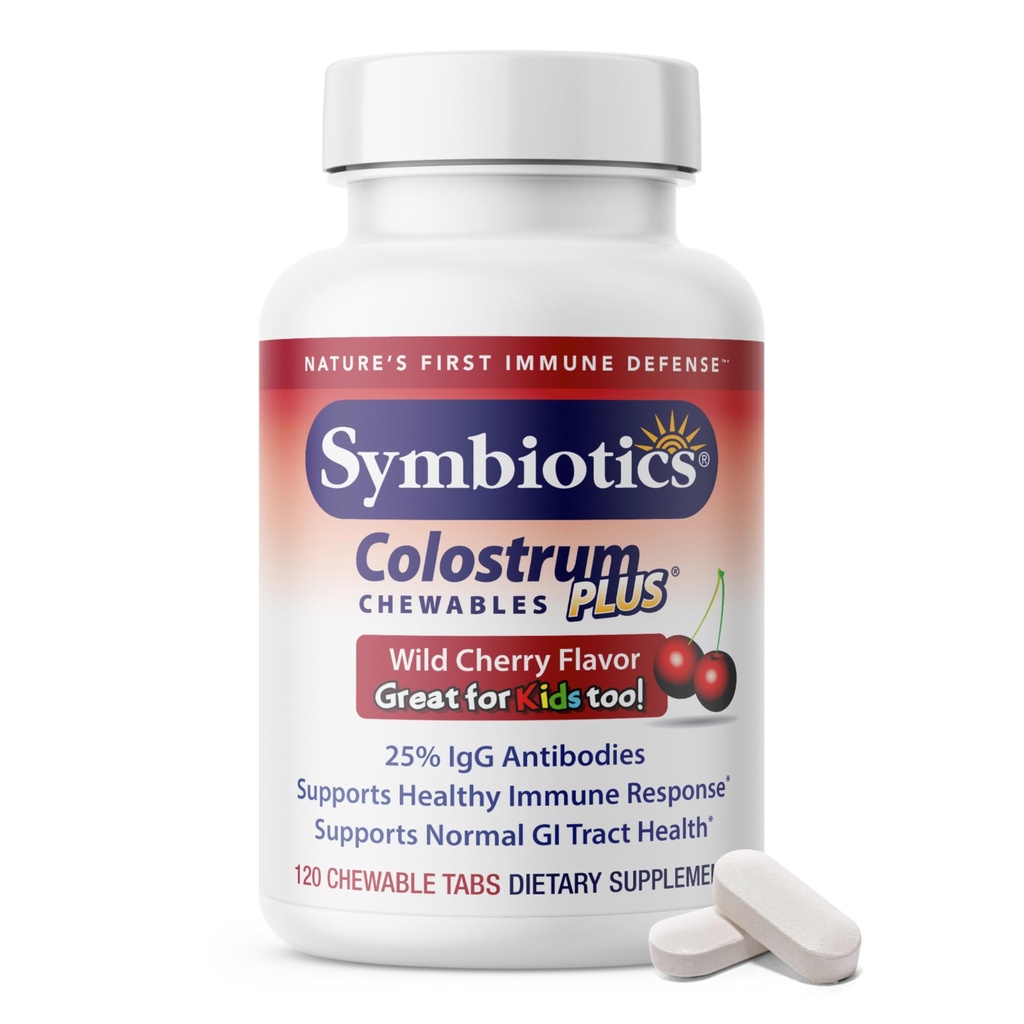 Simbiotiki Kolostrum 120ct Žvečilni dodatki Plus - Imuniteta Podpora za odrasle in otroke - Lactoferrin Supplement & Colostrum Protein - Podpora Prebava & Gut - 25% lgG Protitelesa, Gluten Free - Wild Cherry